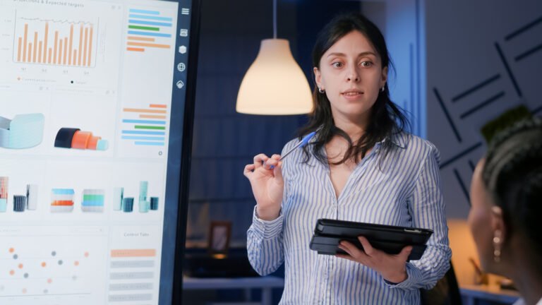 Executive manager woman brainstorming management solution showing company strategy